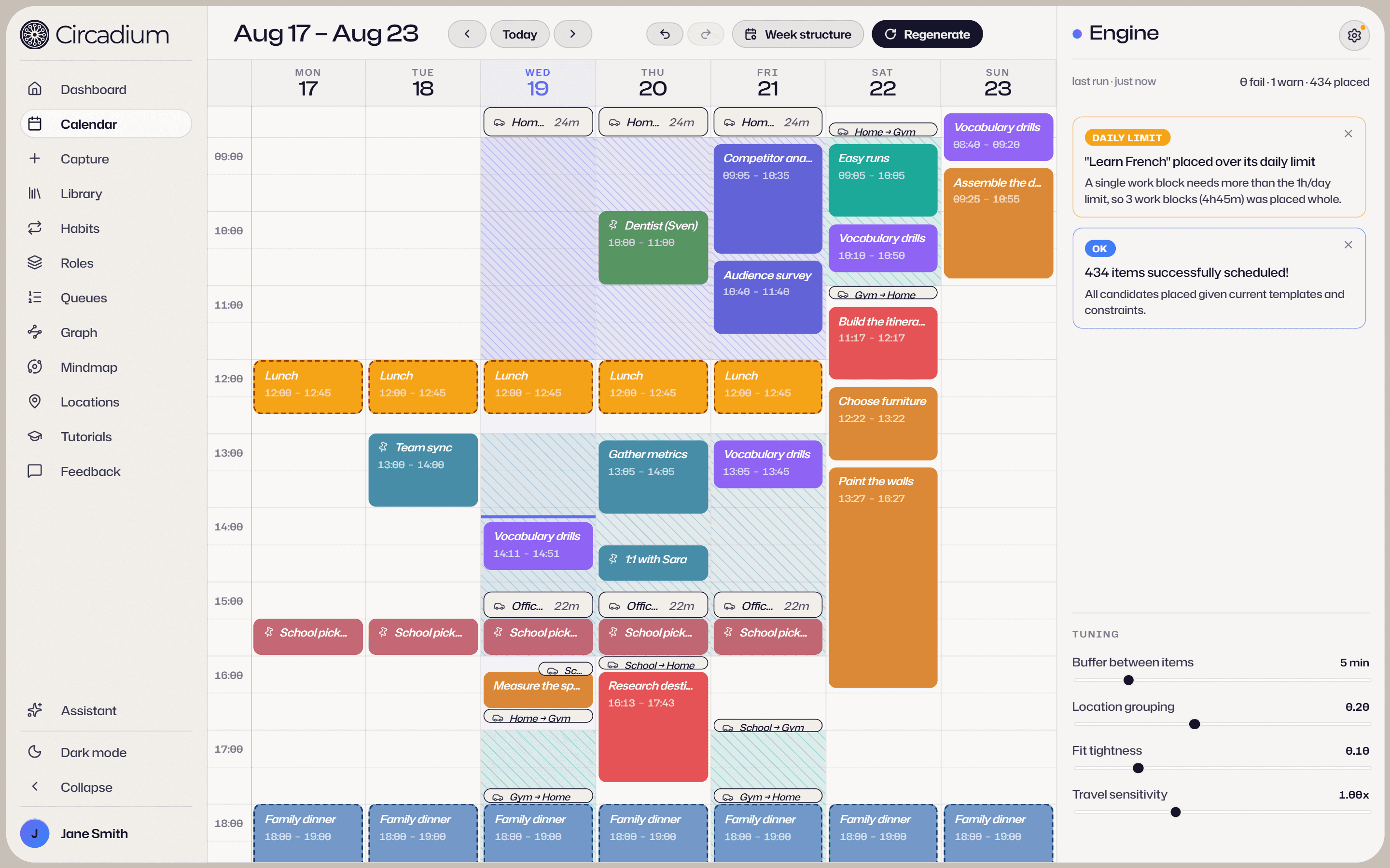 The Circadium calendar: a generated week of goals, fixed plans, and travel blocks, with the engine console open beside it.